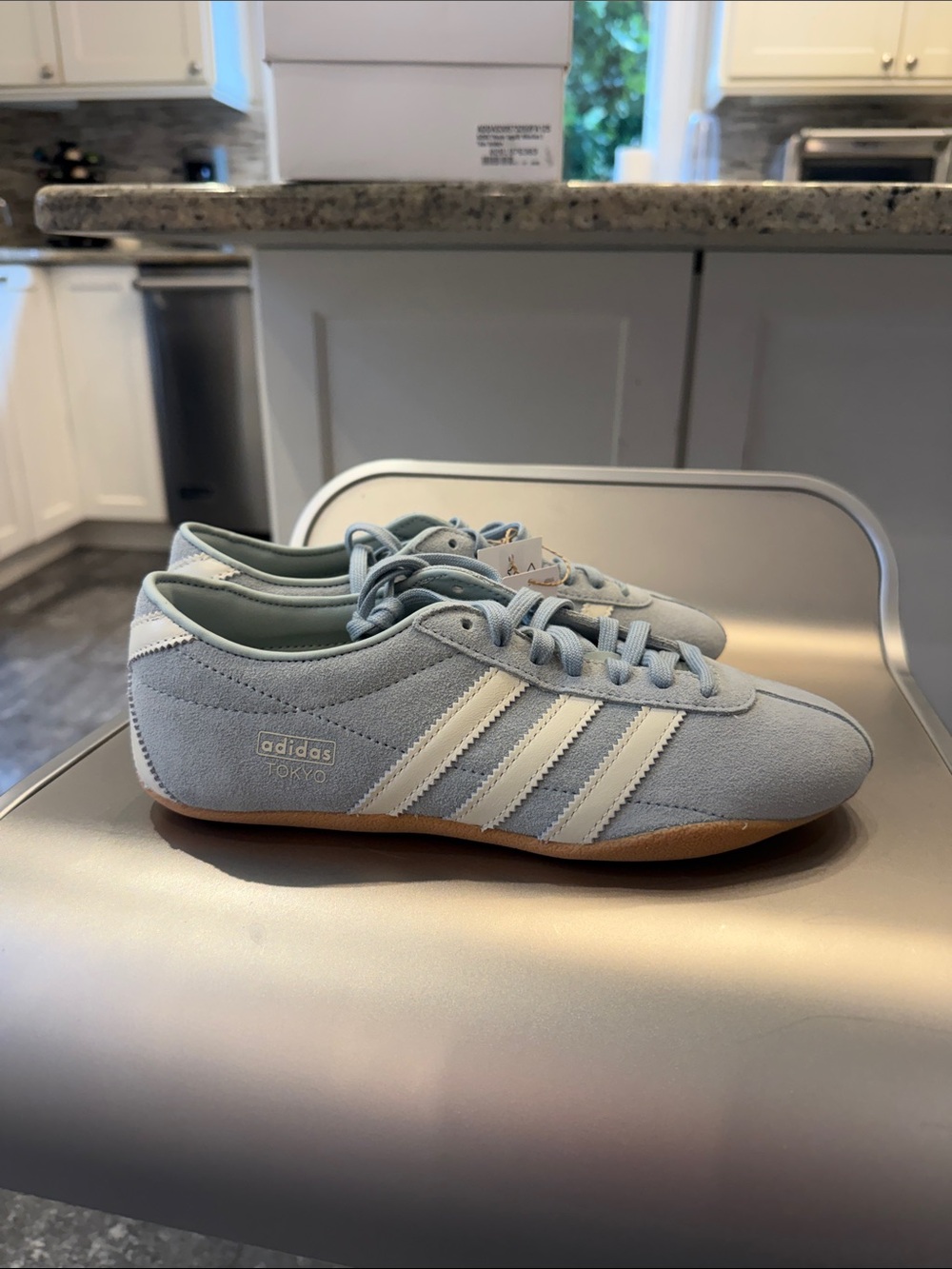 NIB adidas TOKYO Light Blue Suede Sneakers with White Stripes